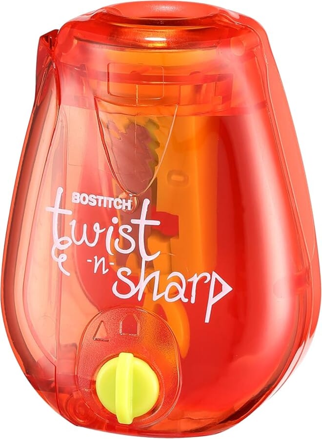 Bostitch Office Pencil Sharpener Twist-N-Sharp Colored Manual Small Pencil Sharpeners Hand Held, 1 Pack, Covered, Red Portable Handheld Sharpener with Cover, PS1-RED-EC